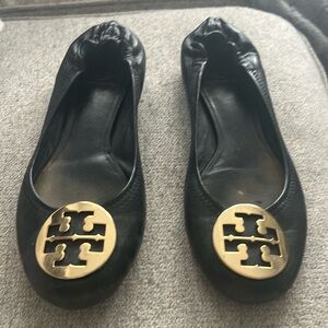 Tory Burch Black Leather Flats with Gold Buckle